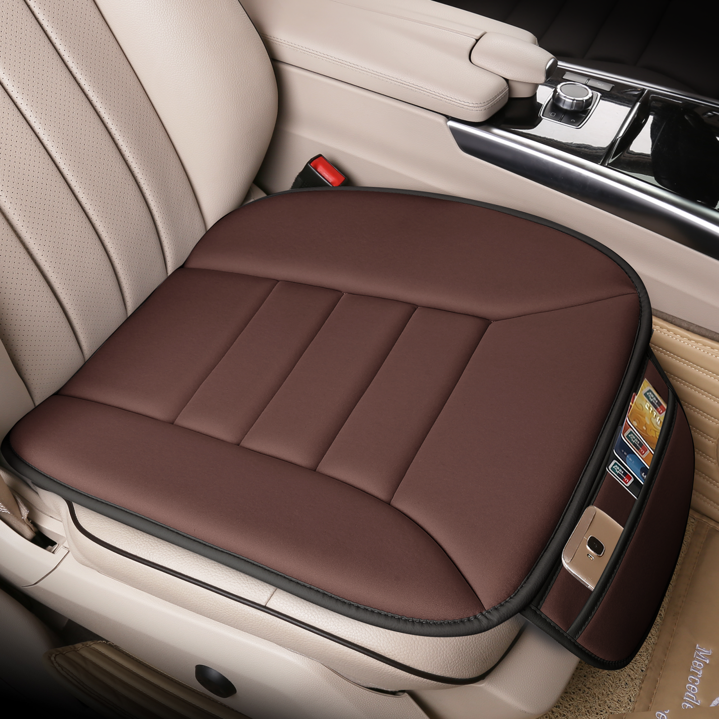 Lofty Aim Car Seat Cushion, Driver Seat Cushion with Comfort Memory Foam & Non-Slip Rubber Bottom with Storage Pouch, Car Seat Pad Works with 95% of Vehicles and Office Chair or Home (Brown)