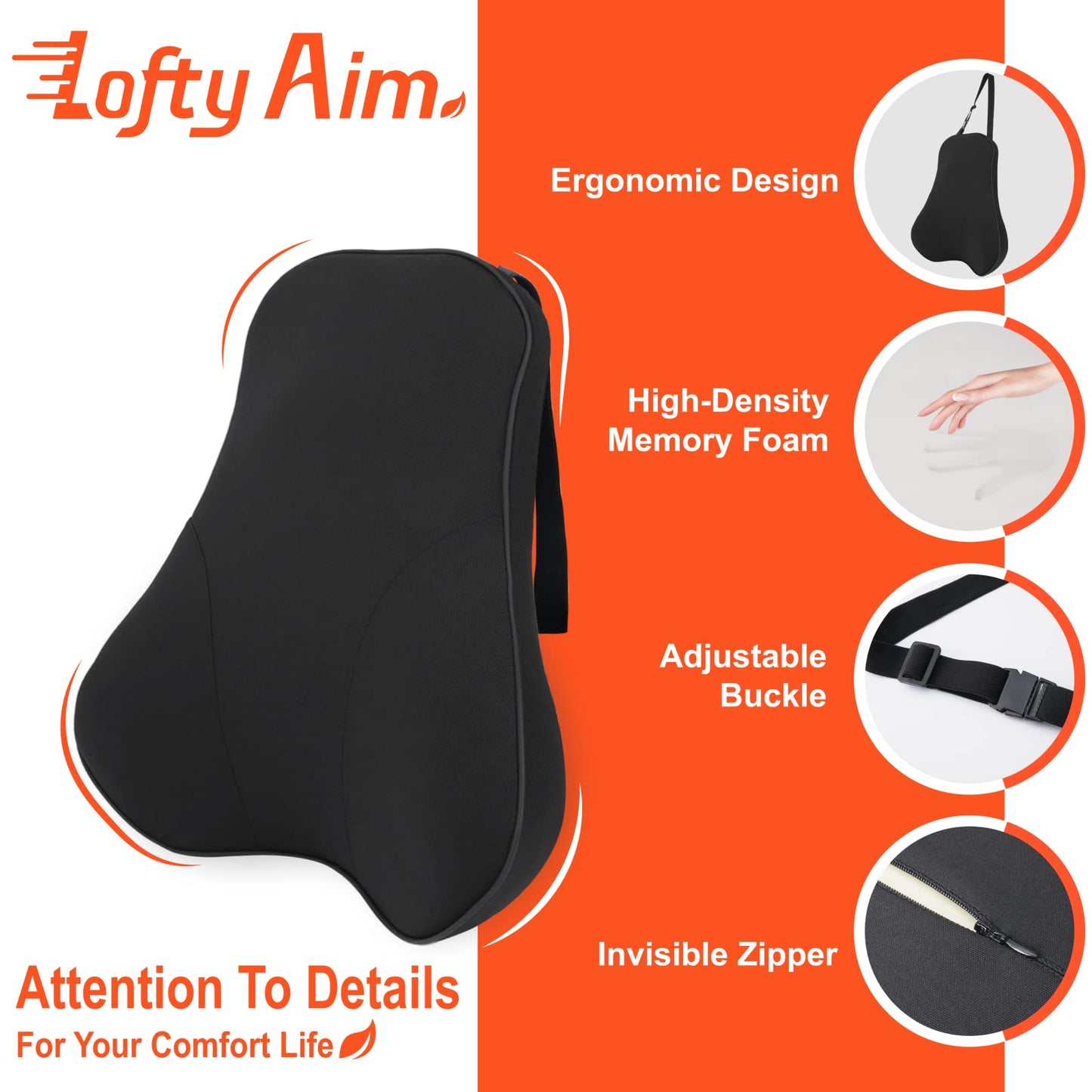 Lofty Aim Premium Lumbar Support Pillow, Ergonomic Memory Foam Support for Back Pain Relief, Lumbar Support Pillow for Car, Office Chair, Gaming Chair (Black)