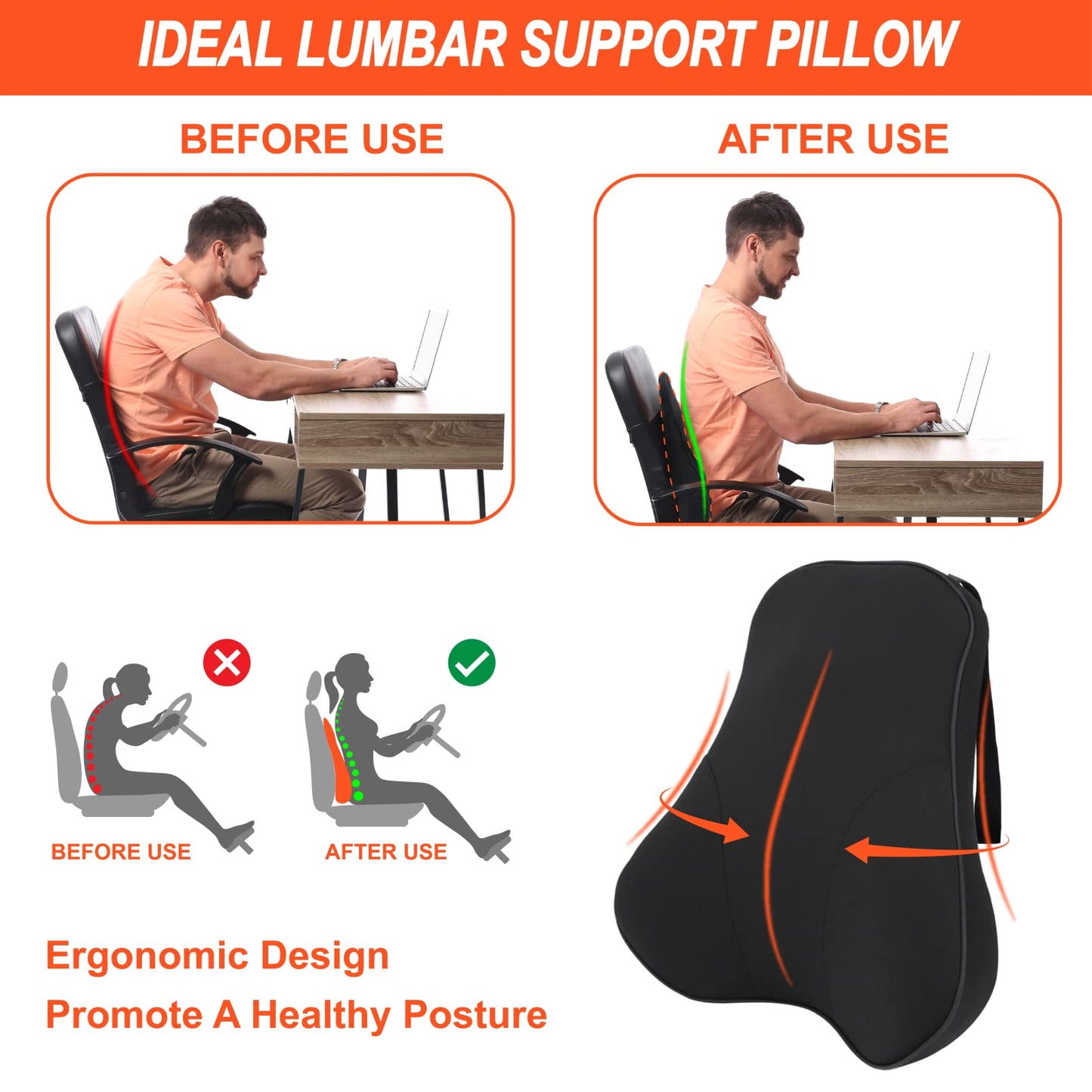 Lofty Aim Premium Lumbar Support Pillow, Ergonomic Memory Foam Support for Back Pain Relief, Lumbar Support Pillow for Car, Office Chair, Gaming Chair (Black)