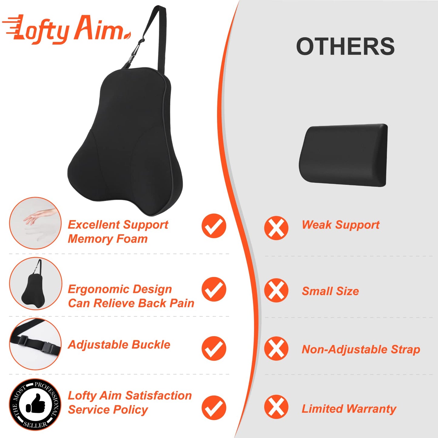 Lofty Aim Premium Lumbar Support Pillow, Ergonomic Memory Foam Support for Back Pain Relief, Lumbar Support Pillow for Car, Office Chair, Gaming Chair (Black)